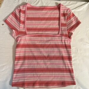 Unbranded Striped Baby Tee Pink Red Square Neck Size Small
